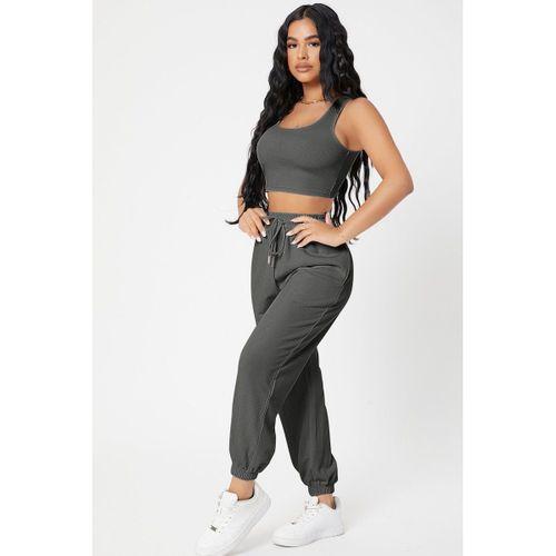 Kadın Antrasit Gri Kaşkorse Cepli Jogger Eşofman Altı Ve Crop Top Bluz