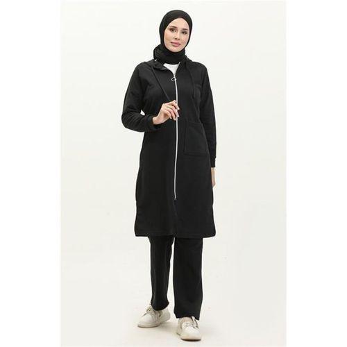 Kapşonlu Fermuarlı Yırtmaçlı Uzun Sweat Pantolon Spor İkili Takım - 03055.003 - Siyah