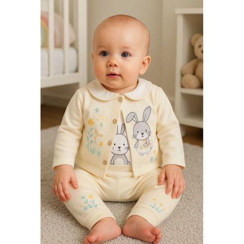 Tavşan Desenli Çiçekli 3'lü Hırkalı Kız Bebek Takım