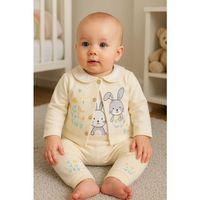 Tavşan Desenli Çiçekli 3'lü Hırkalı Kız Bebek Takım