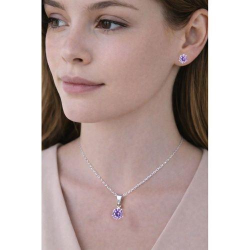 Gümüş Ametist Taşlı Taç Model Kadın Kolye Küpe Seti Gümüş Set