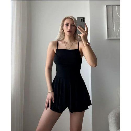 Straplez Mini Etek Görünümlü Şortlu Elbise Büzgülü Şık Yazlık - Siyah