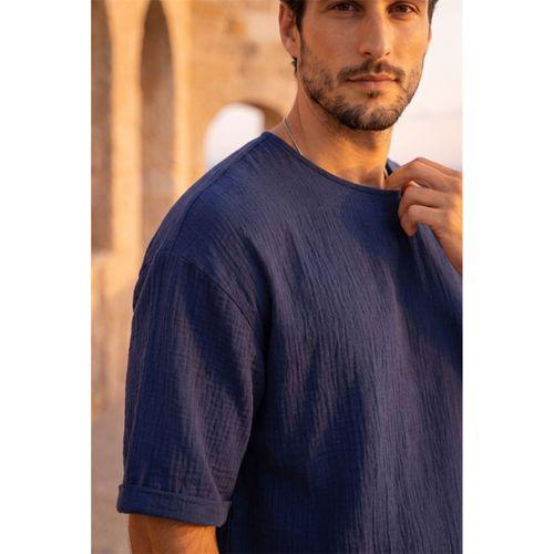 Godard Relax Fit %100 Pamuk Müslin Kumaş Duble Kol Bisiklet Yaka Erkek T-Shirt - Lacivert