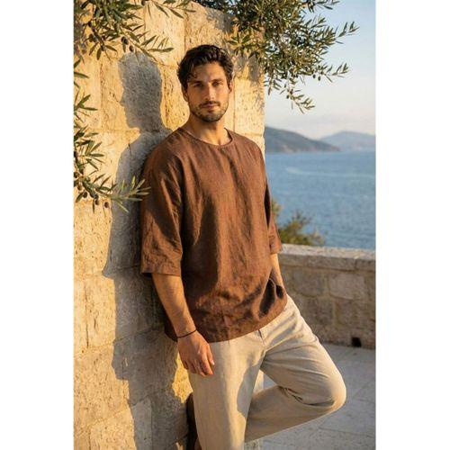 Castiel Bisiklet Yaka Fakir Kol Oversize Kısa Kol T-shirt - Kahve