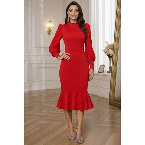 Kadın Uzun Kollu Yarı Balıkçı Yaka Etek Ucu Fırfır Detaylı Midi Ithal Krep Elbise