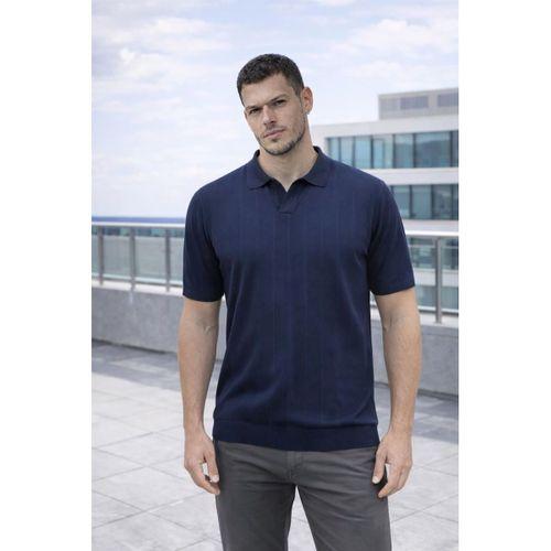 Elatus Çizgili V Yaka İnce Triko Relaxed Fit Polo Yaka Erkek T-Shirt - Lacivert
