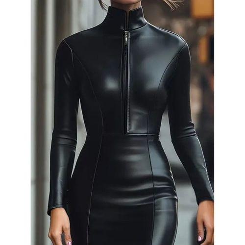 Kadın Uzun Kollu Yakalı Fermuarlı Mini Deri Elbise