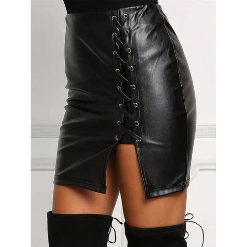 Kadın Yüksek Bel Yandan çapraz Bağcıklı Yırtmaçlı Mini Deri Etek