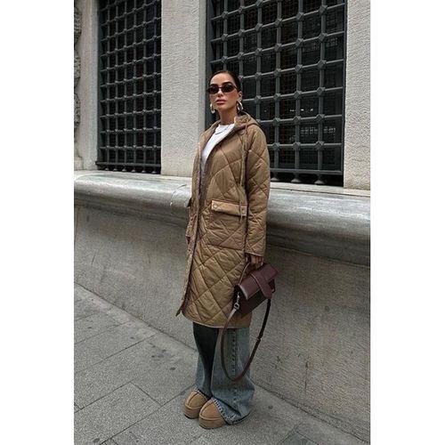 Fermuar Ve Kapşonlu Uzun Kapitone Mont 7062