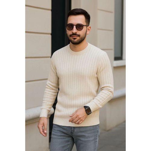 Erkek Bisiklet Yuvarlak Yaka Triko Kazak Pamuklu Kalın Fitilli Dokuma, Regular Fit Uzun Kollu Kışlık Model - Bej
