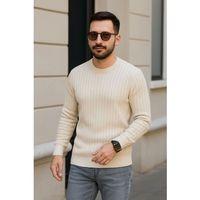 Erkek Bisiklet Yuvarlak Yaka Triko Kazak Pamuklu Kalın Fitilli Dokuma, Regular Fit Uzun Kollu Kışlık Model - Bej