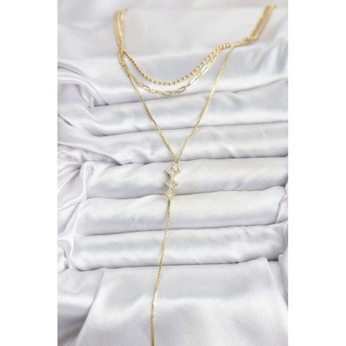 Pirinç Gold Renk Zirkon Taş Detaylı 3'lü Kombin Y Kadın Kolye