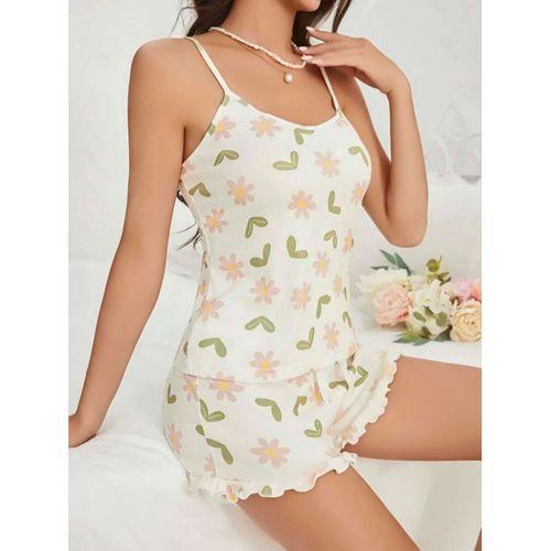 Kadın Ekru Çiçek Baskılı Şortlu Gecelik Pijama Takımı 5047