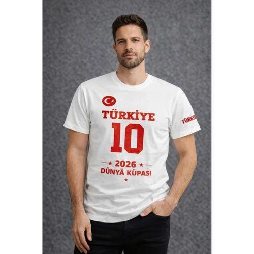 Erkek TÜRKİYE Baskılı Tişört 2026 Dünya Kupası Taraftar Forma T-Shirt - Beyaz
