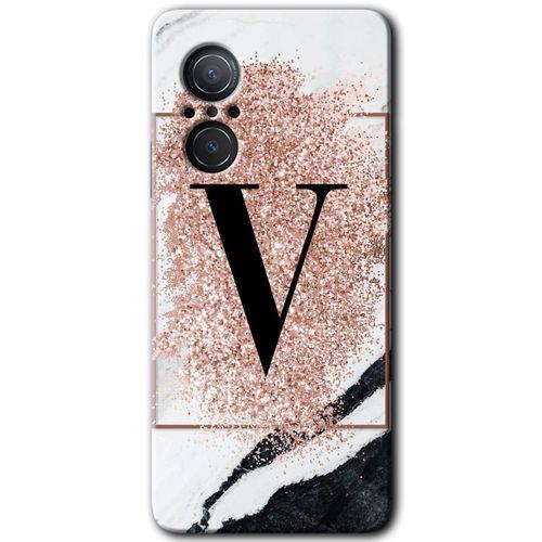 MRCİLETİSİM Huawei Nova 9 SE Kılıf HD Desen Baskılı Arka Kapak+Temperli Cam - Pembe Mermer Desenli V Harfi