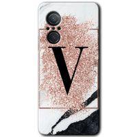MRCİLETİSİM Huawei Nova 9 SE Kılıf HD Desen Baskılı Arka Kapak+Temperli Cam - Pembe Mermer Desenli V Harfi