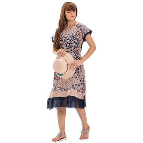 Kısa Kol Vual Defne Midi Boy Yazlık Otantik Elbise Somon 6028