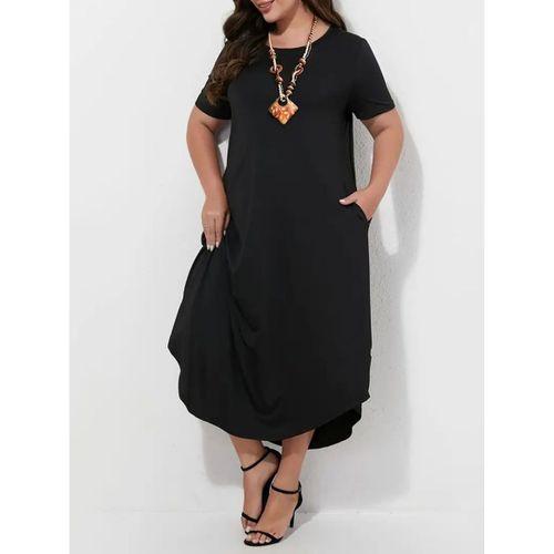 Kadın Kısa Kollu Bisiklet Yaka Cepli Salaş Viskon Elbise