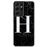 Galaxy S21 Ultra Kılıf HD Desen Baskılı Arka Kapak - Siyah Mermer Desenli H Harfi + Kırılmaz Cam