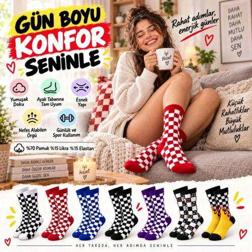Unisex Çorap Dama Desenli Renkli 7'li Set Kareli Alev Desen Uzun Soket Günlük Spor Çorabı