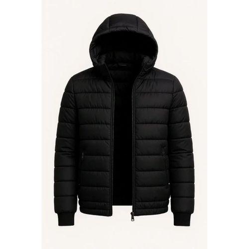 Erkek Şişme Kapüşonlu Fermuarlı Mont Su Itici Kapitone Astarlı Kumaş Cepli Kışlık Rahat Kalıp - Siyah