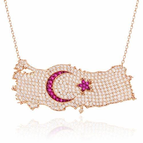 Gümüş Rose Ay Yıldız Türkiye Haritası Kadın Kolye