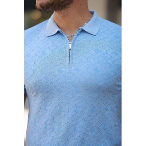 Erkek Fermuar Yakalı Baklava Desen Kısa Kollu Gömlek