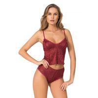 Bordo Jakarlı Babydoll Şort Takımı Zarif Kadın Gece Giyim