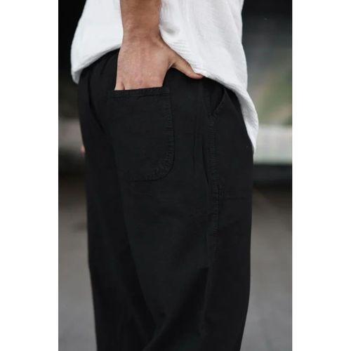 Erkek Ham Keten Beli Lastikli Cepli Regular Fit Boru Paça Pantolon - Siyah