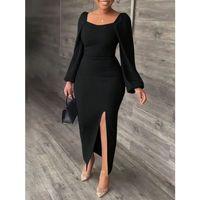 Kadın Uzun Kollu Geometrik Yakalı Yandan Yırtmaçlı Uzun Janjan Krep Elbise