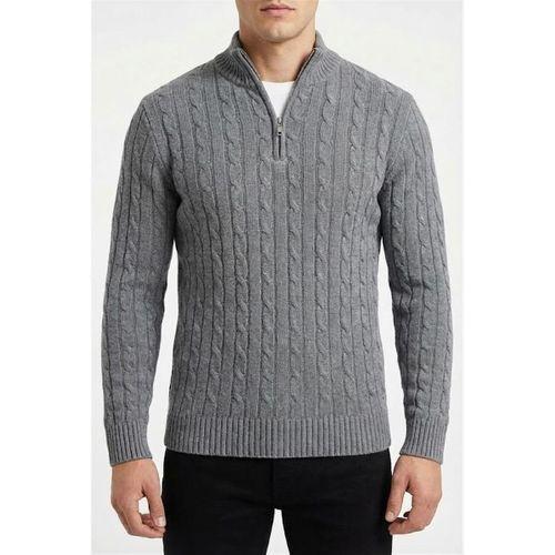 Bardem Saç Örgülü Yarım Fermuar Erkek Triko Kazak - Füme