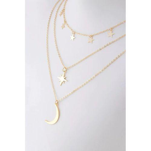 Altın Renk Kutup Yıldızı Ve Hilal Figürlü Çok Katmanlı Kombin Kolye SNJ-00326