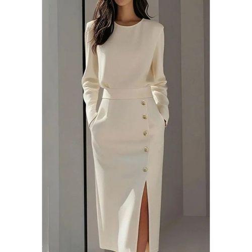 Kadın Uzun Kollu Bisiklet Yakalı Yandan Yırtmaçlı Düğmeli Midi Ithal Krep Elbise