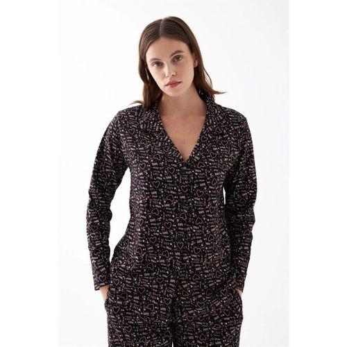 Kadın Siyah Düğmeli Kalp Desenli Pamuklu Pijama Takımı