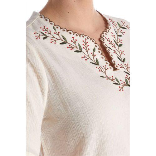 Şile Bezi Kısa Kol Krem Nakışlı V Yaka Yazlık Otantik Bluz