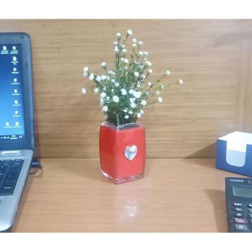 2 Adet Vazo Dahil,Vazoda Çiçek,Beyaz Yapay Çiçek,Vazo Dekoratif Kristal Taşlı Kırmızı Kalpli  6X6X16Cm