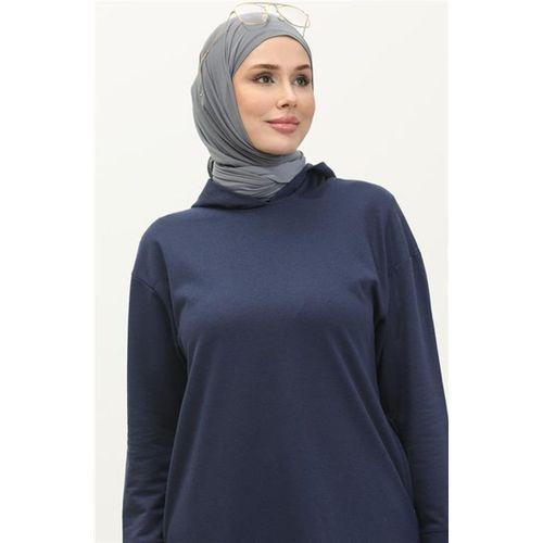 Atlas Kapşonlu Uzun Sade Basic Sweatshirt - 03007.006 - İndigo