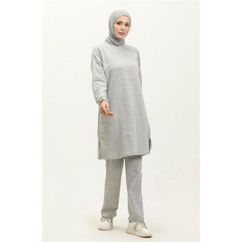 Yırtmaçlı Bisiklet Yaka Sade Basic Eşofman Spor İkili Takım - 03060.008 - Gri