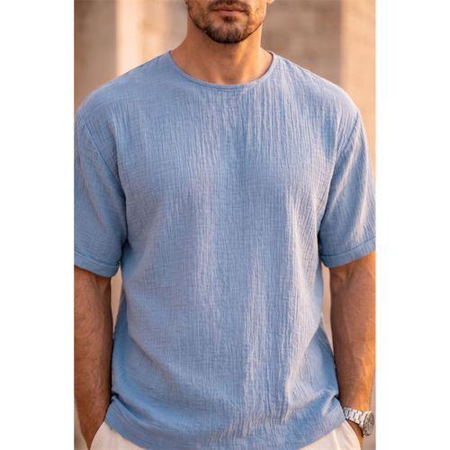 Godard Relax Fit %100 Pamuk Müslin Kumaş Duble Kol Bisiklet Yaka Erkek T-Shirt - Soğuk Mavi