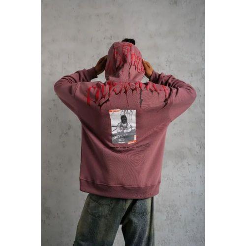 Erkek Ön Ve Arka Baskılı Kapüşonlu 3 İplik Sweatshirt - Gül Kurusu