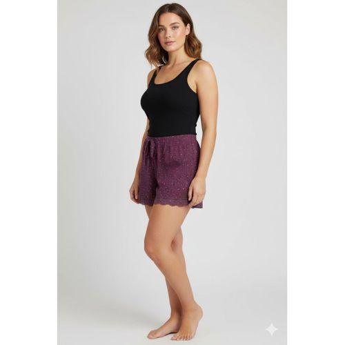 Düz Renk Mini Çiçek Desenli Penye Kadın Ev Şortu Bacak Dantel Detaylı Ev Giyim Gül Kurusu