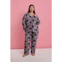 Kadın Büyük Beden Somon Yaprak Desenli Düğmeli Pijama Takımı