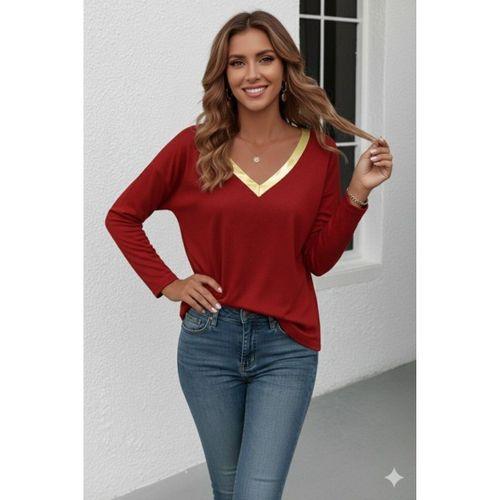 Kadın Uzun Kollu V Parlak Yaka Detaylı Viskon Bluz