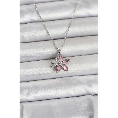 316L Çelik Zincir Gümüş Renk Pembe Lotus Model Kadın Kolye