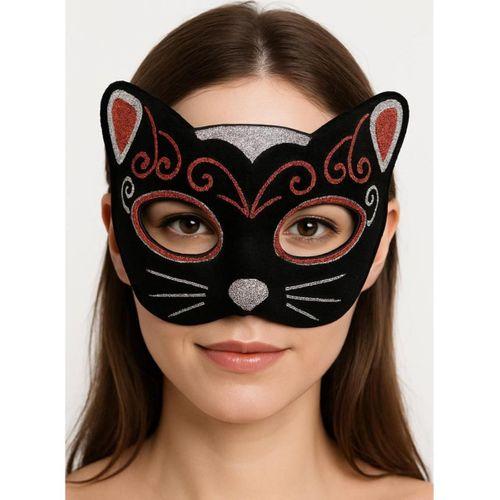 Kadife Dokulu Sim Detaylı Işıltılı Kedi Maskesi Kırmızı Gümüş 20x13 cm