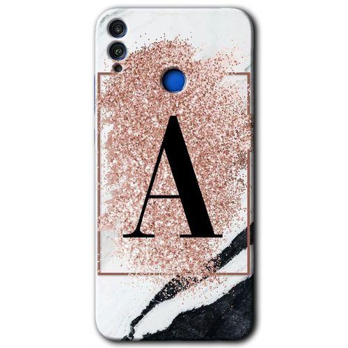 Honor 8c Kılıf HD Desen Baskılı Arka Kapak - Pembe Mermer Desenli A Harfi + Kırılmaz Cam