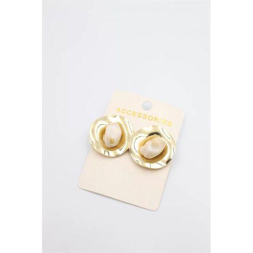 Taşlı Metal Küpe - Krem