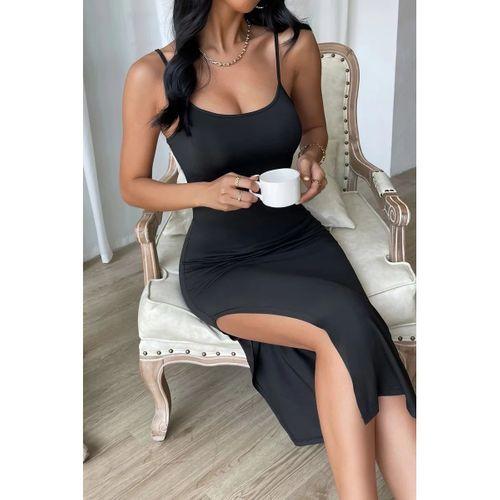 Kadın Siyah Yırtmaçlı Diz Altı Vücüdu Saran Gecelik