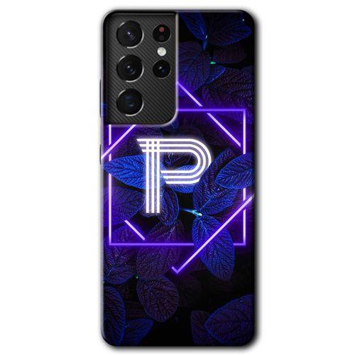 Potkal Hediye Fabrikası Samsung Galaxy S21 Ultra HD Baskılı Kılıf + 9D Tam Ekran Koruyucu - Dark Neon Yaprak P Harfi