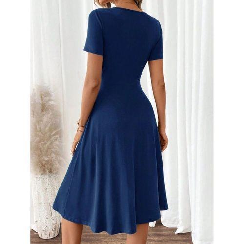 Kadın Kısa Kollu V Yakalı önden Düğmeli A Kesim Dokuma Elbise